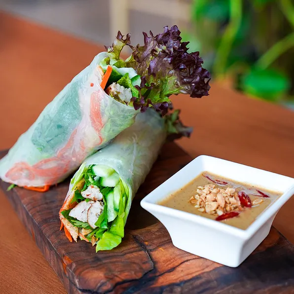 Vietnamese Rice Paper Rolls with Grilled Chicken Kebab in Peanut Sauce